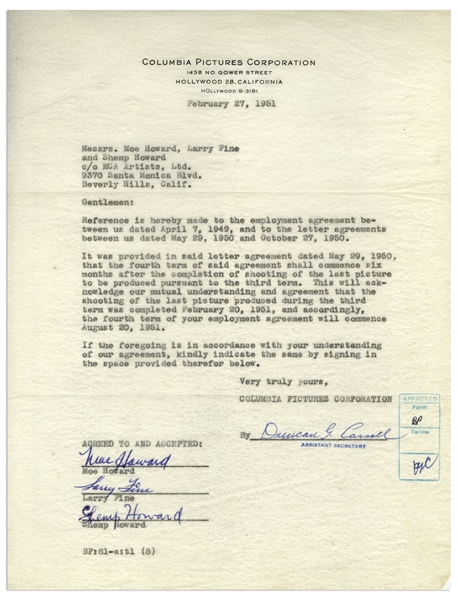 The Three Stooges Signed Agreement With Columbia From 1951, With Shemp's Signature